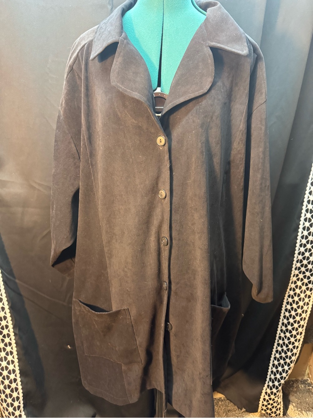 Peaches Uniforms Black Suede Button-Front Trench Coat